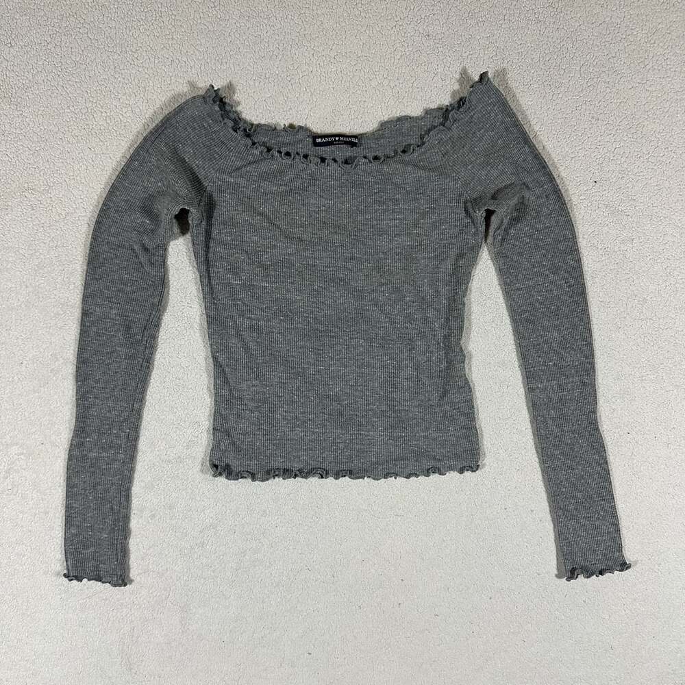 Brandy Melville Gray Ribbed Off Shoulder Long Sleeve Top One Size Lettuce Trim